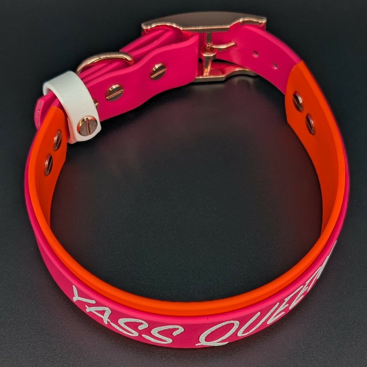 1.5 inch wide orange and pink layered biothane yass queen dog collar