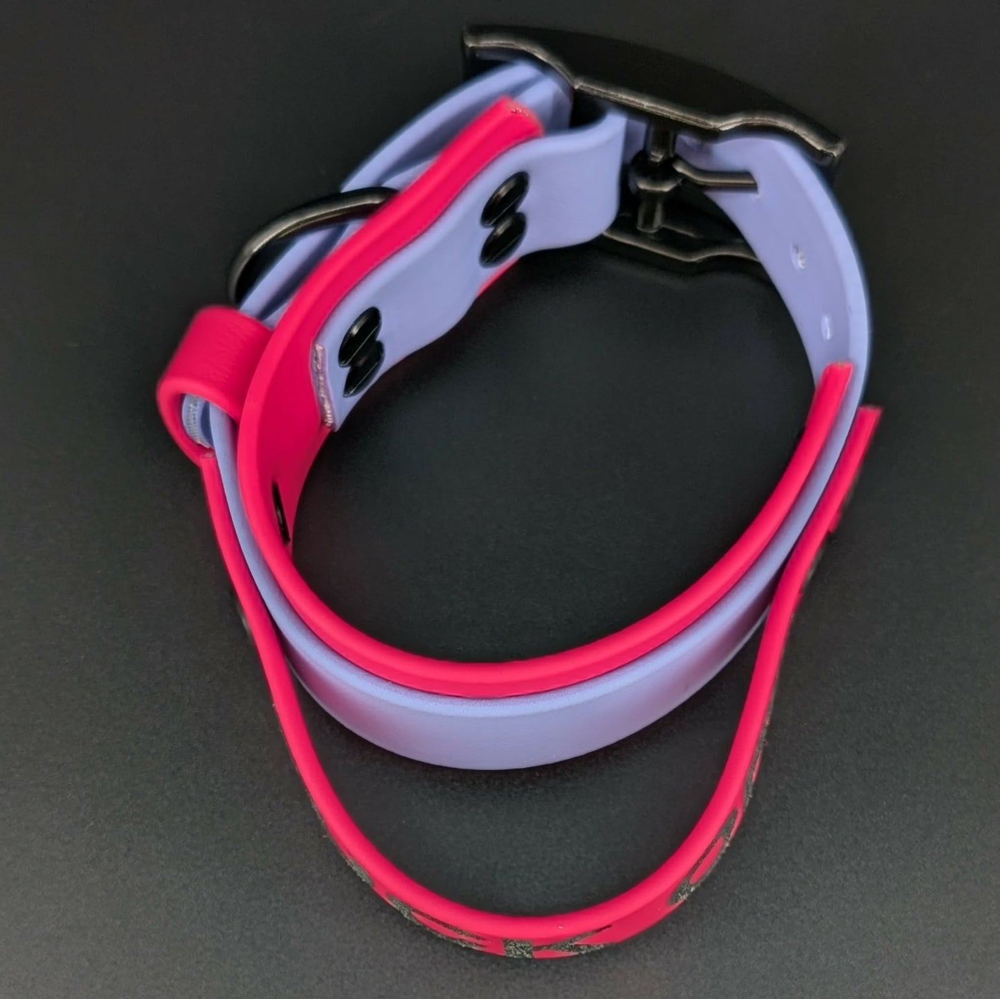 1.5 inch wide periwinkle and pink biothane tactical handle collar