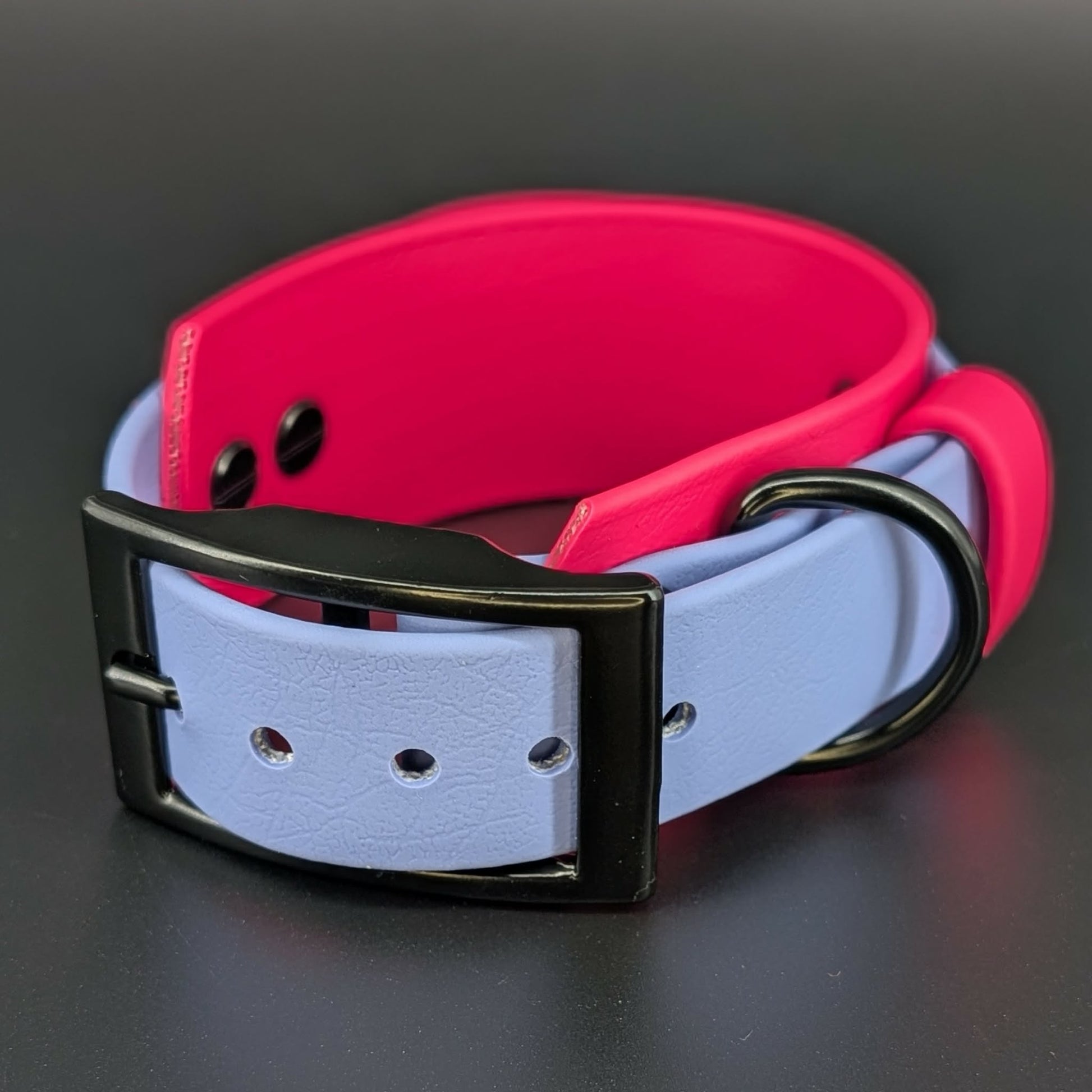 1.5 inch wide periwinkle and pink biothane tactical handle dog collar