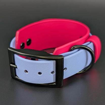 1.5 inch wide periwinkle and pink biothane tactical handle dog collar