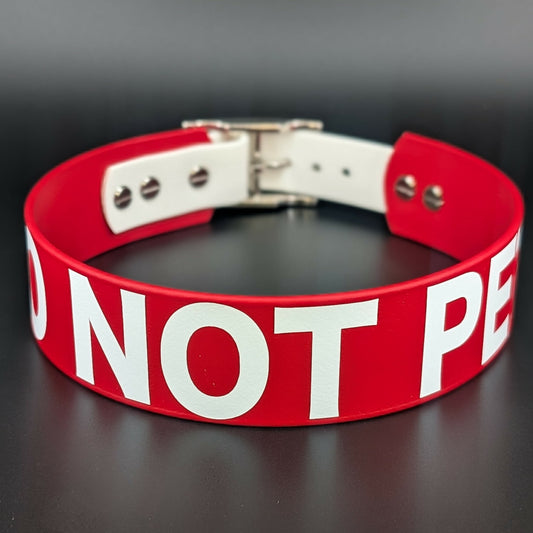 1.5 inch wide red and white tapered biothane do not pet dog collar
