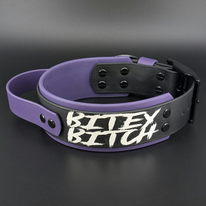 Ready to Ship - Dark Purple and Black Layered Biothane BITEY BITCH Collar with Tactical Handle, 2 inch wide 15 - 18 inch neck