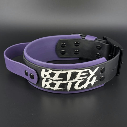 Ready to Ship - Dark Purple and Black Layered Biothane BITEY BITCH Collar with Tactical Handle, 2 inch wide 15 - 18 inch neck