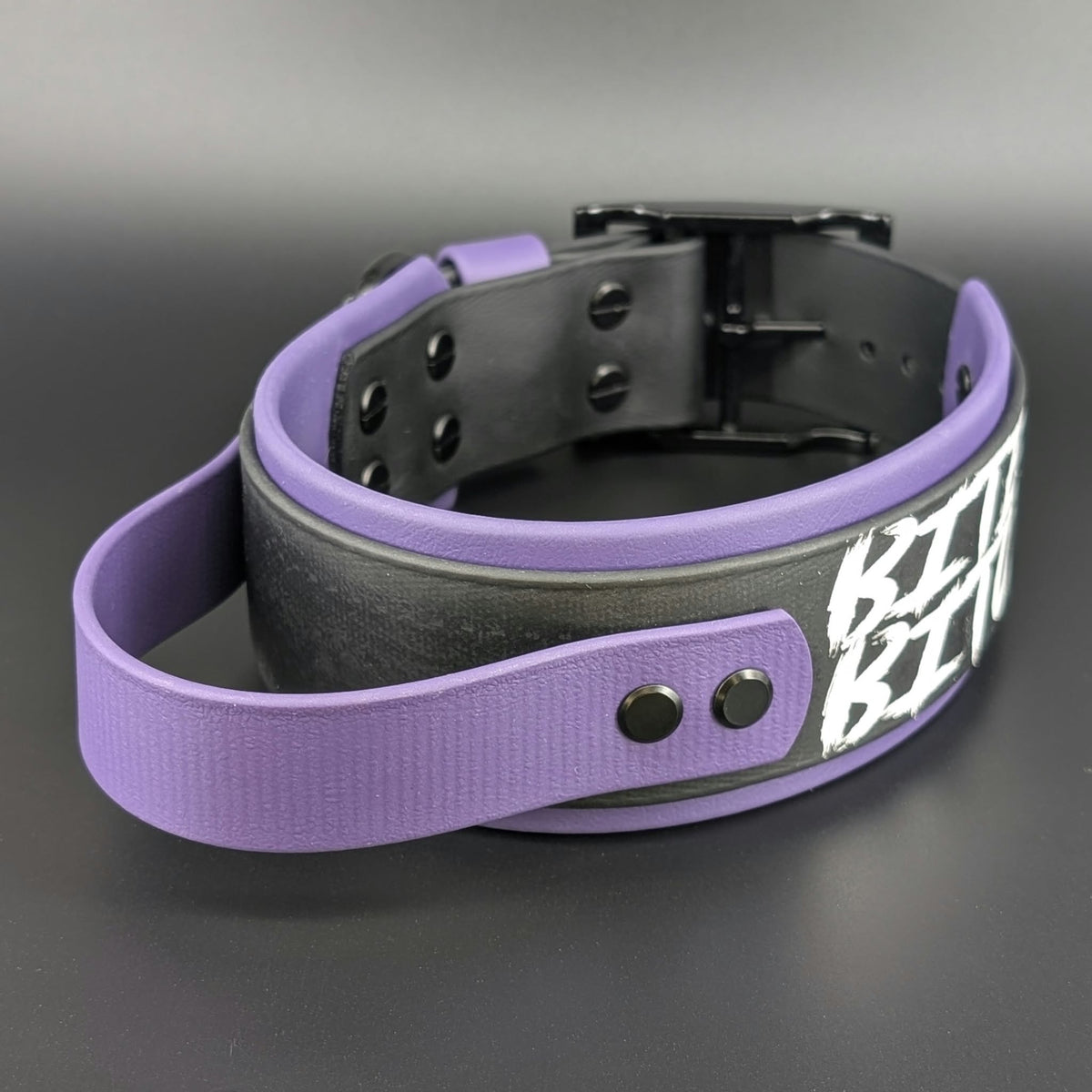 Ready to Ship - Dark Purple and Black Layered Biothane BITEY BITCH Collar with Tactical Handle, 2 inch wide 15 - 18 inch neck