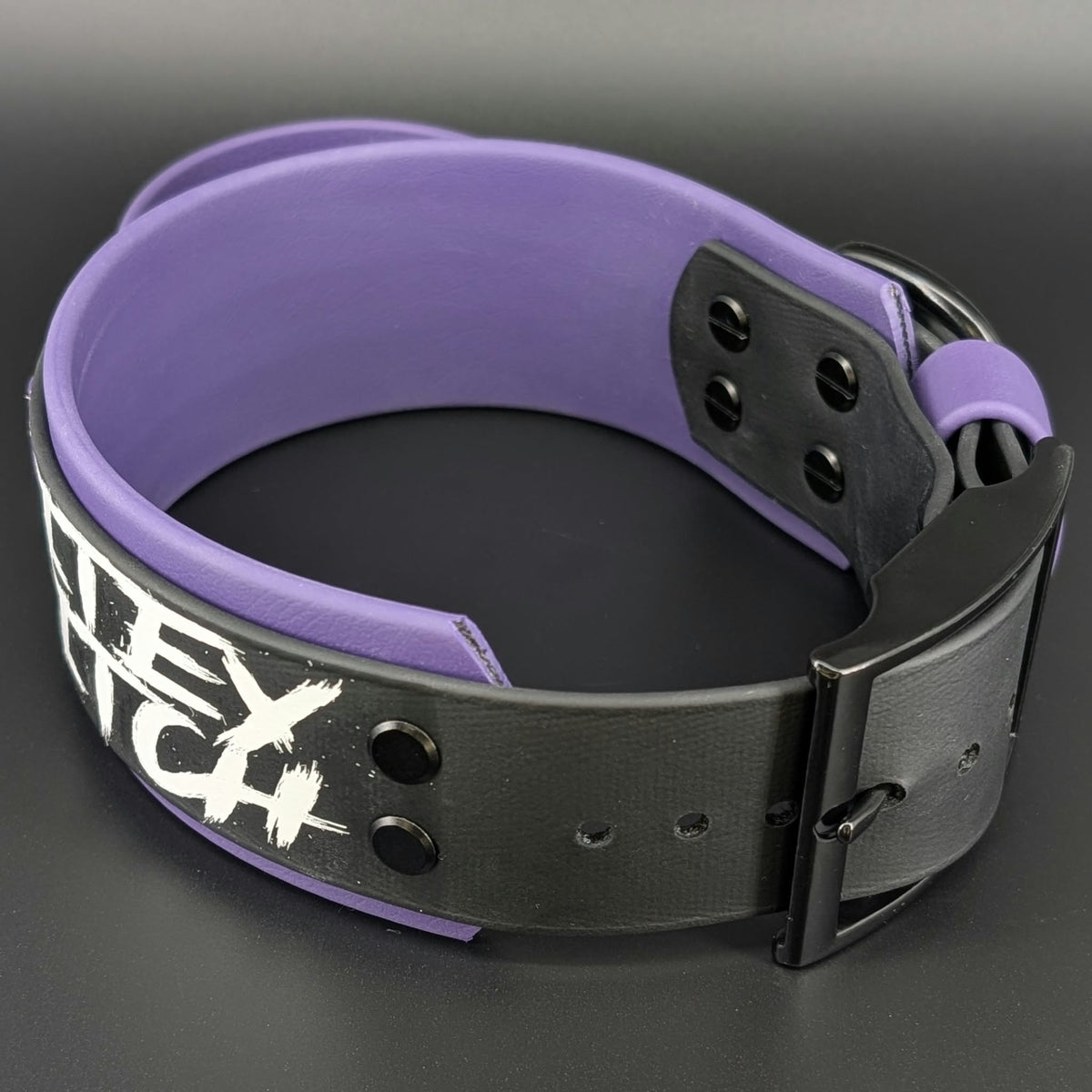 Ready to Ship - Dark Purple and Black Layered Biothane BITEY BITCH Collar with Tactical Handle, 2 inch wide 15 - 18 inch neck
