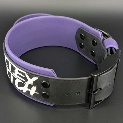 Ready to Ship - Dark Purple and Black Layered Biothane BITEY BITCH Collar with Tactical Handle, 2 inch wide 15 - 18 inch neck