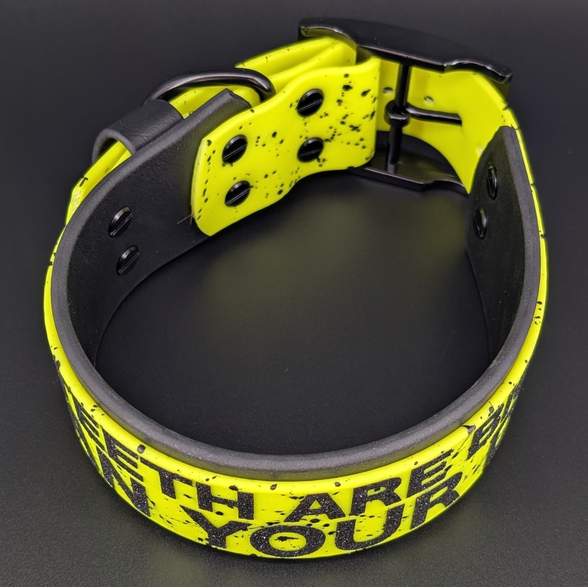 15-18 inch neck 2 inch wide black and yellow biothane my teeth are bigger than your dick collar