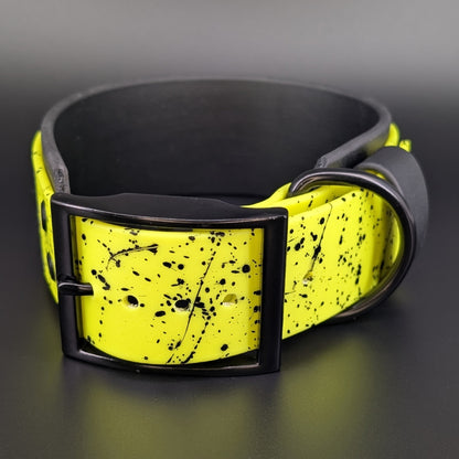 15-18 inch neck 2 inch wide black and yellow layered biothane my teeth are bigger than your dick collar