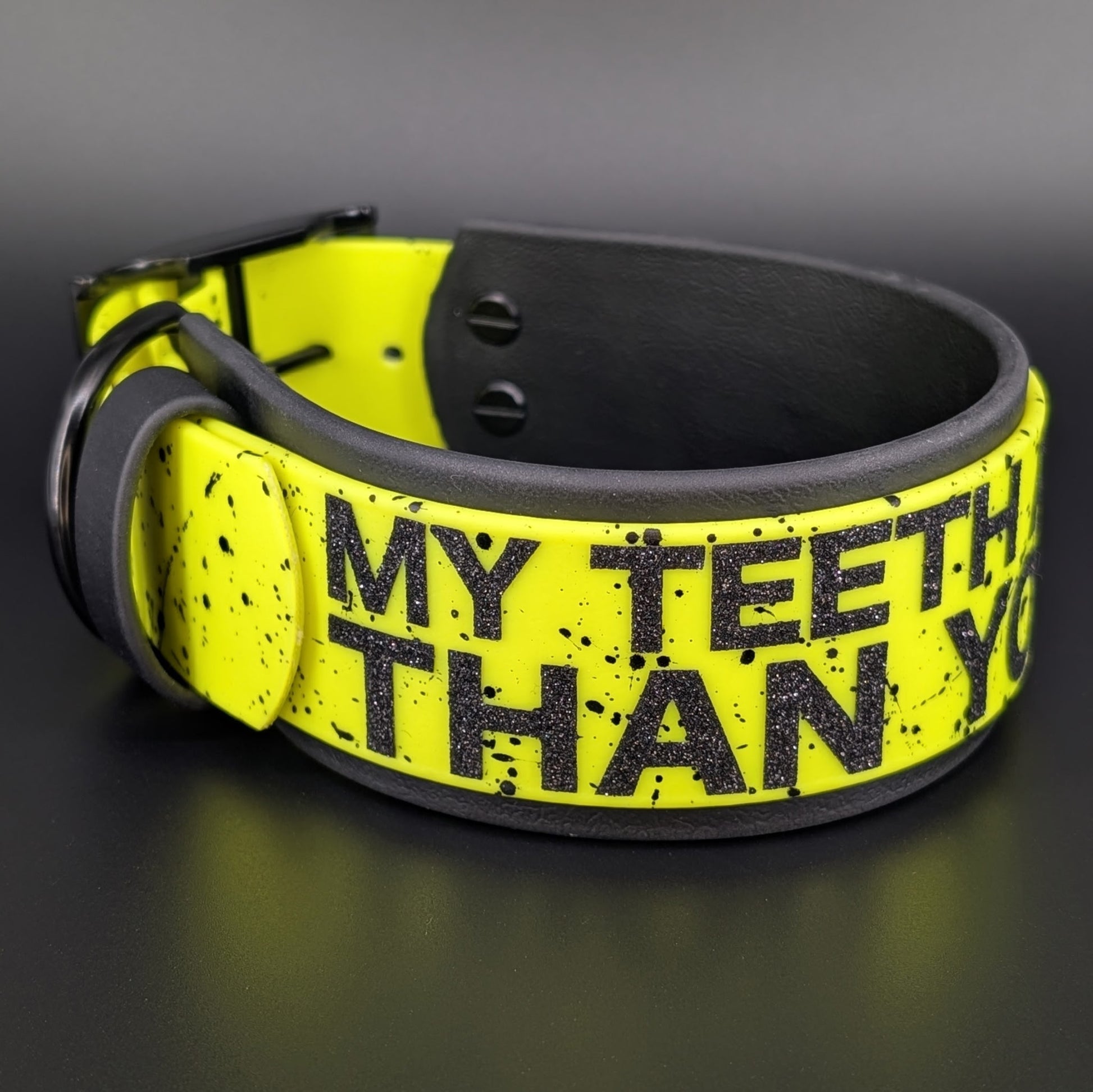15-18 inch neck 2 inch wide black and yellow layered biothane my teeth are bigger than your dick dog collar with splatter paint