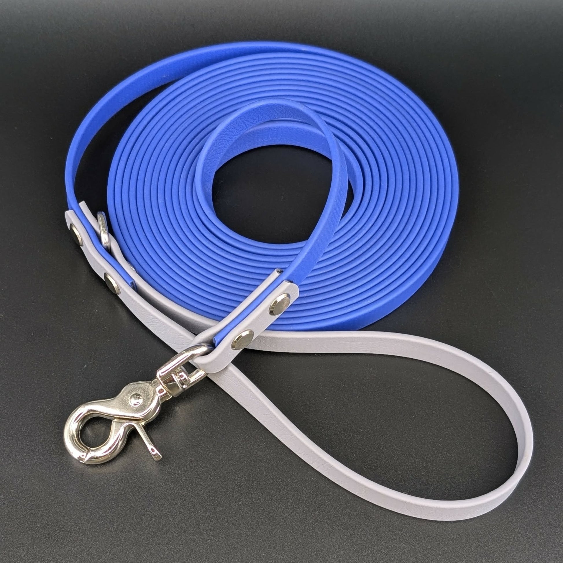 15 feet long dog leash made with blue and gray biothane