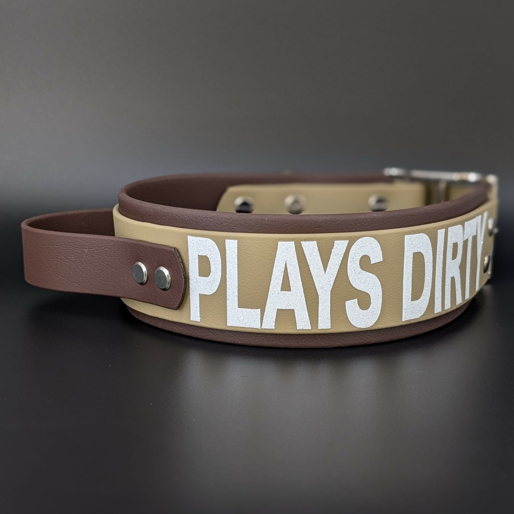 2 Inch Wide Dark Brown and Tan Layered Biothane PLAYS DIRTY Collar with Tactical Handle
