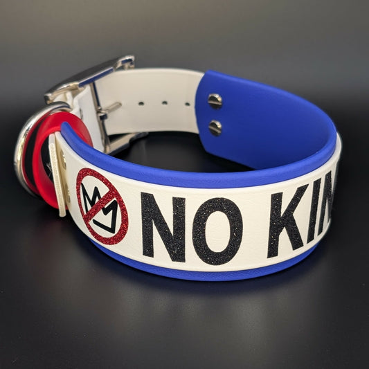 2 inch wide royal blue and white layered biothane no kings dog collar