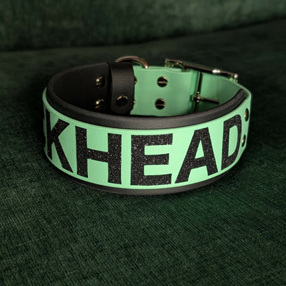2 inch wide biothane collar with dickhead text