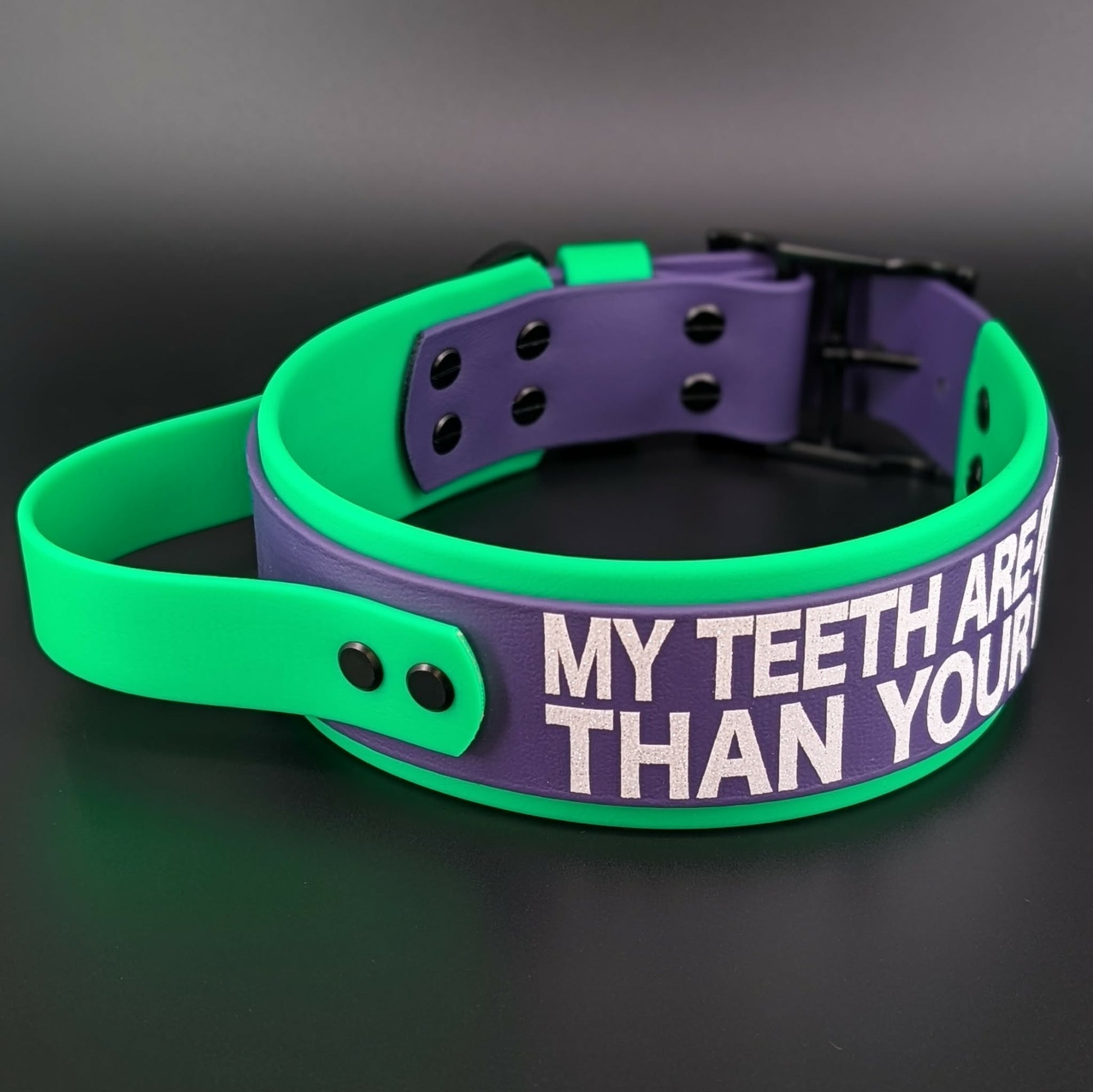 2 inch wide biothane handle collar light green and dark purple my teeth are bigger than your dick