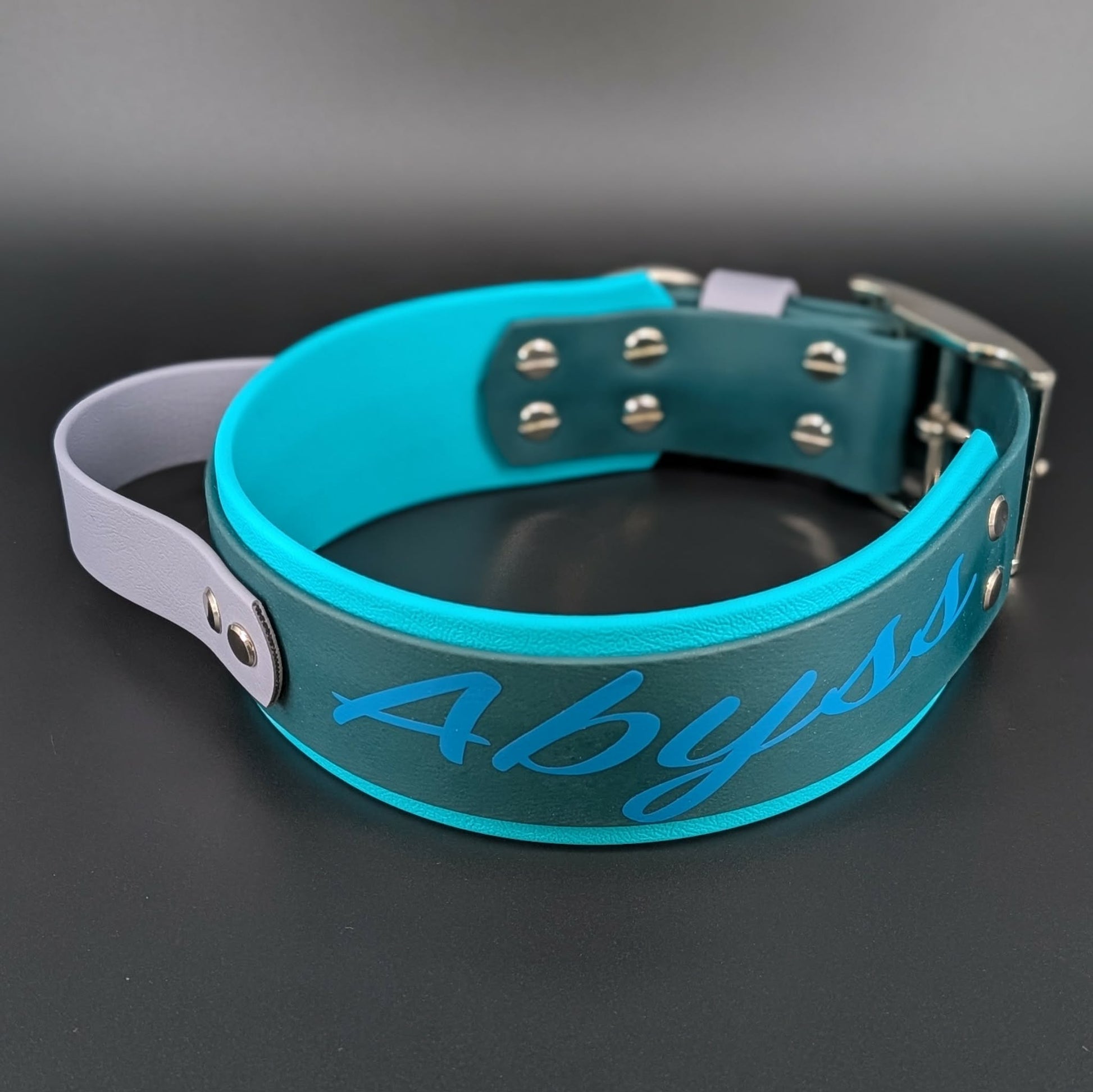 2 inch wide biothane tactical handle dog collar with custom text
