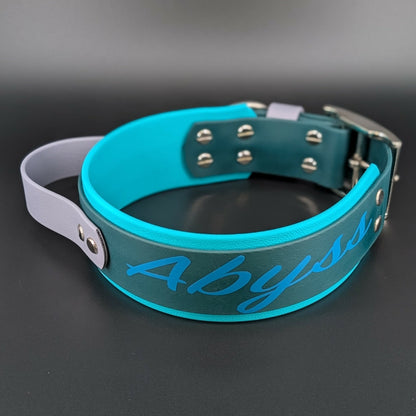2 inch wide biothane tactical handle dog collar with custom text