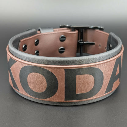 2 inch wide black and dark brown layered biothane dog collar with custom text
