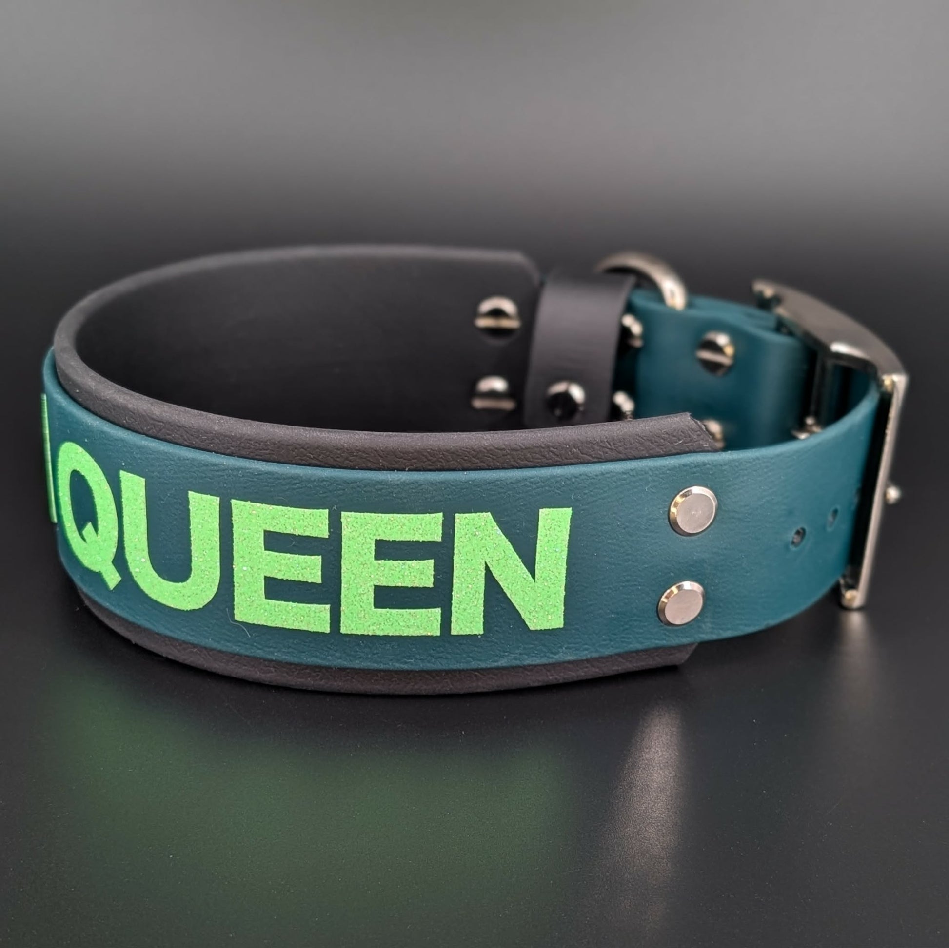 2 inch wide black and dark green layered biothane drama queen collar