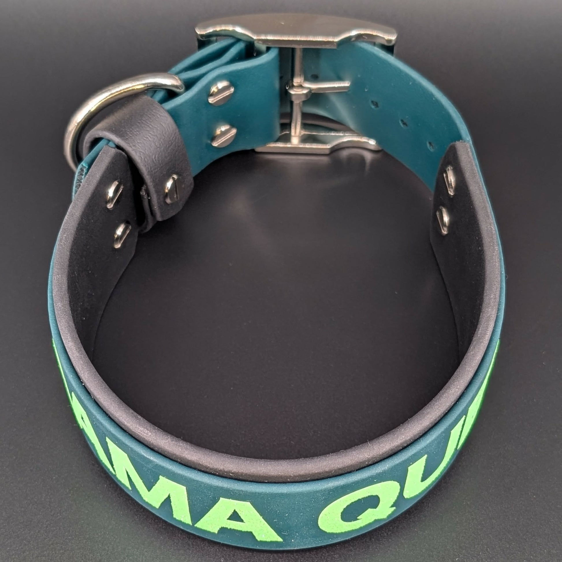 2 inch wide black and dark green layered biothane drama queen dog collar silver hardware