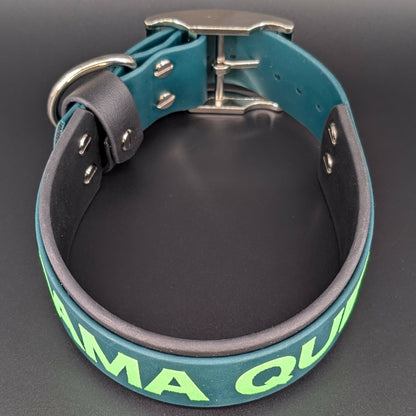 2 inch wide black and dark green layered biothane drama queen dog collar silver hardware