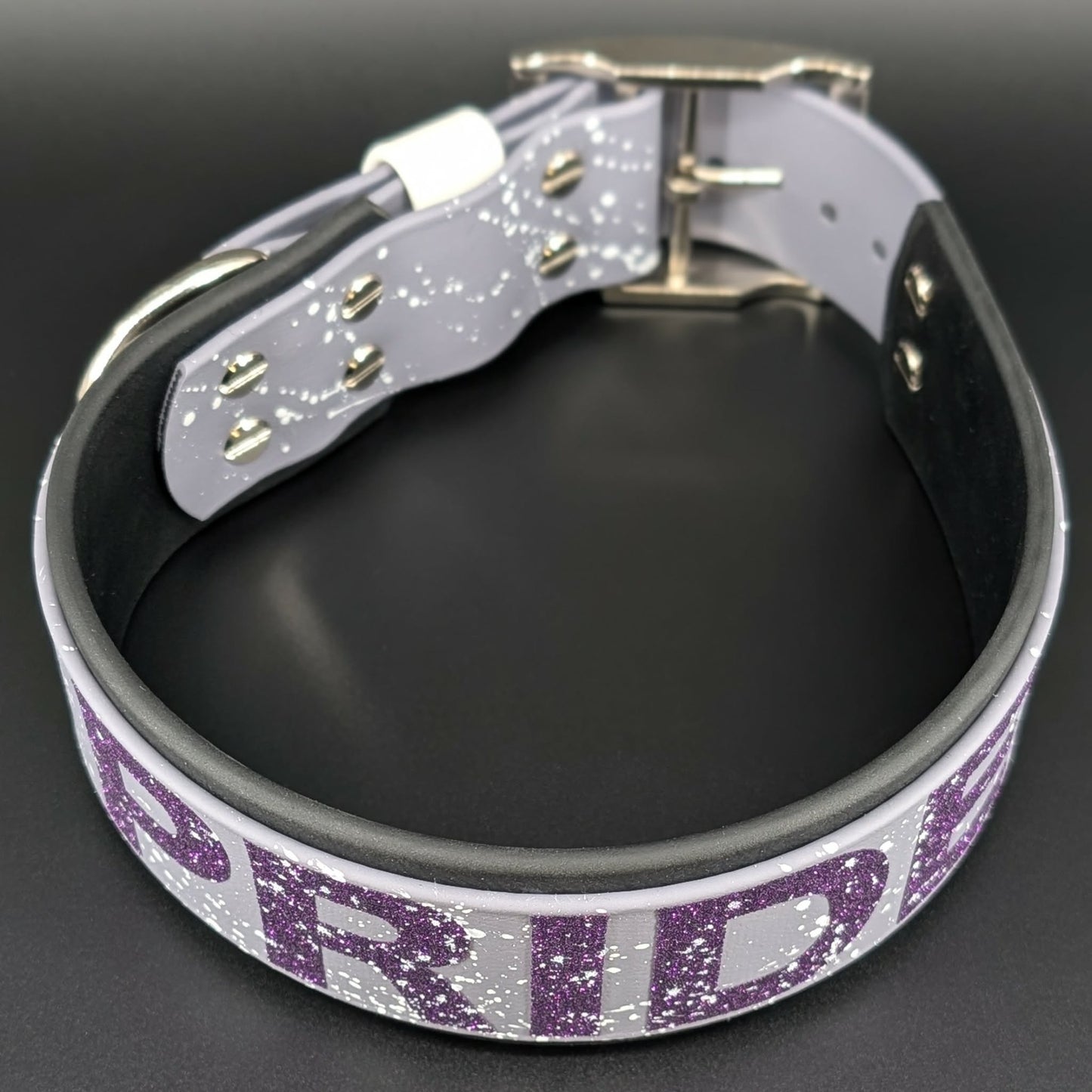 2 inch wide black and gray layered biothane dog-collar ace pride glitter text and splatter paint