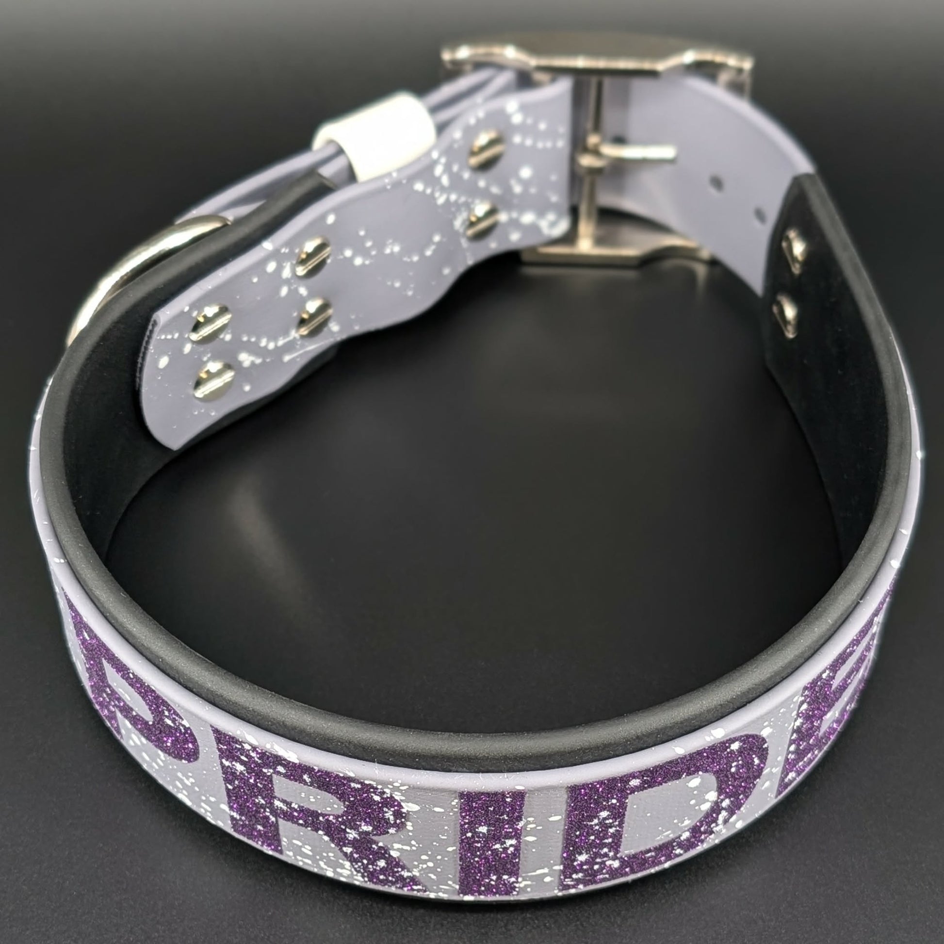 2 inch wide black and gray layered biothane dog-collar ace pride glitter text and splatter paint