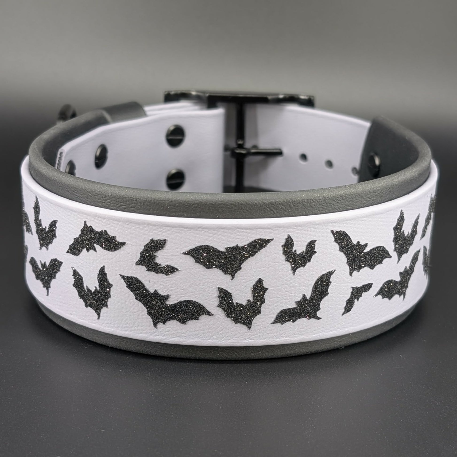 2 inch wide black and gray layered biothane halloween bats dog collar