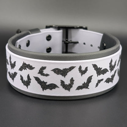 2 inch wide black and gray layered biothane halloween bats dog collar