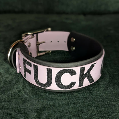 2 inch wide black and lavender biothane fuck off dog collar
