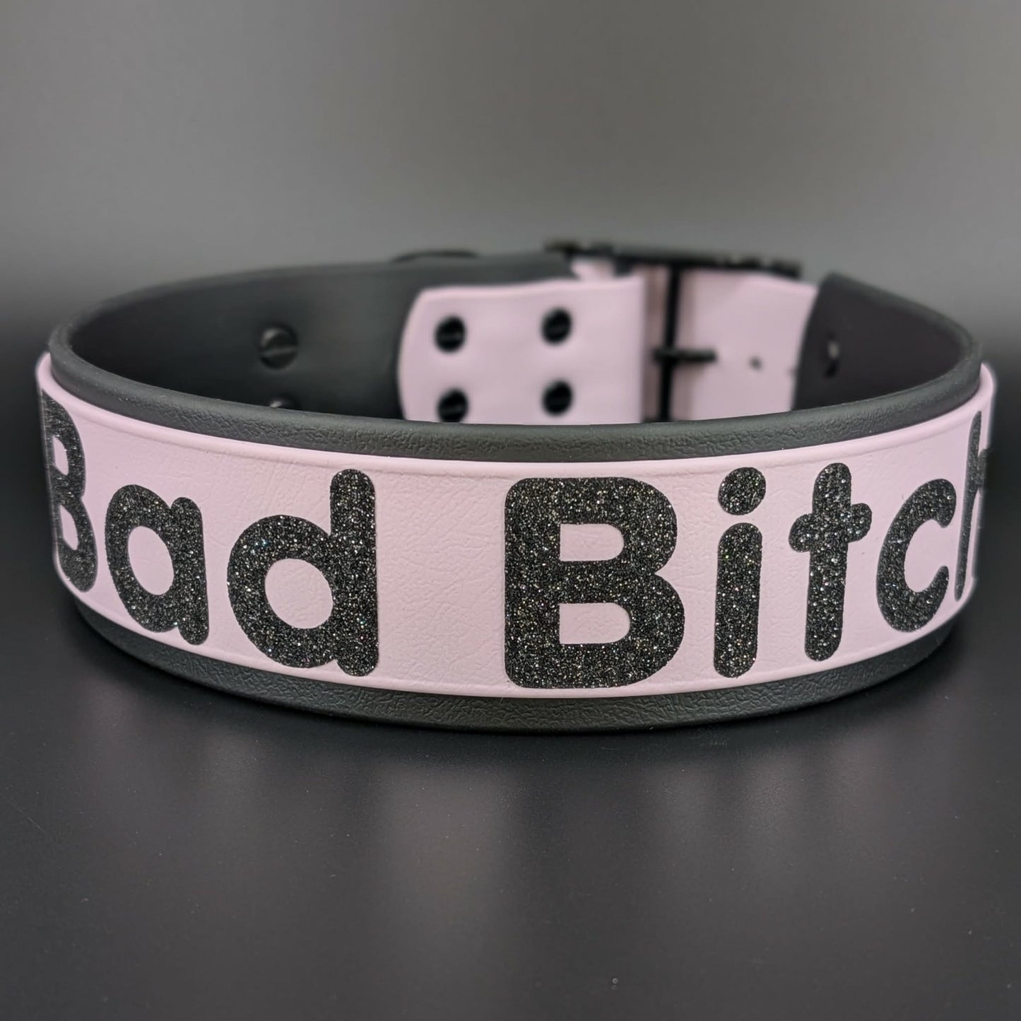 2 inch wide black and lavender layered biothane bad bitch dog collar