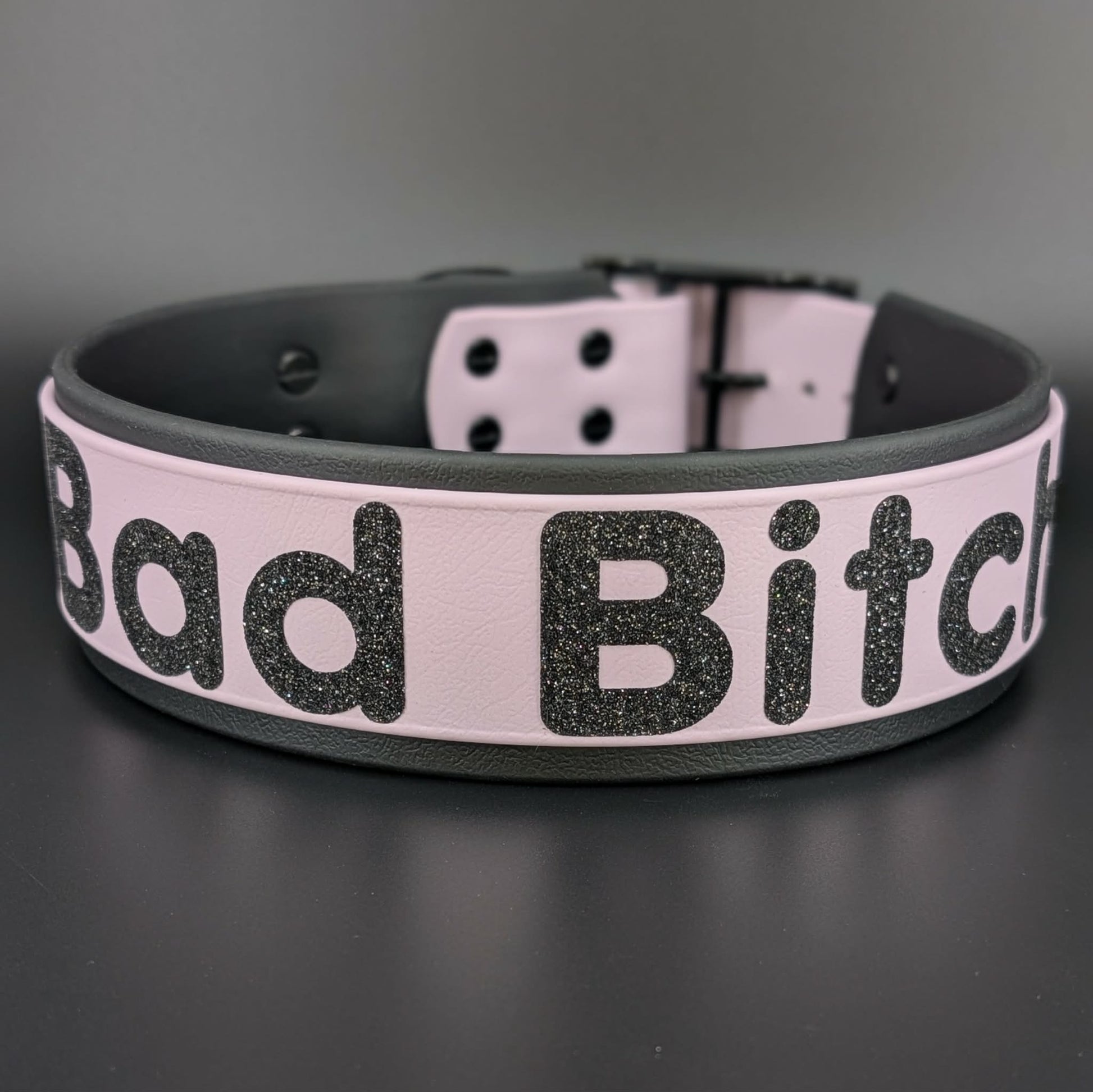 2 inch wide black and lavender layered biothane bad bitch dog collar