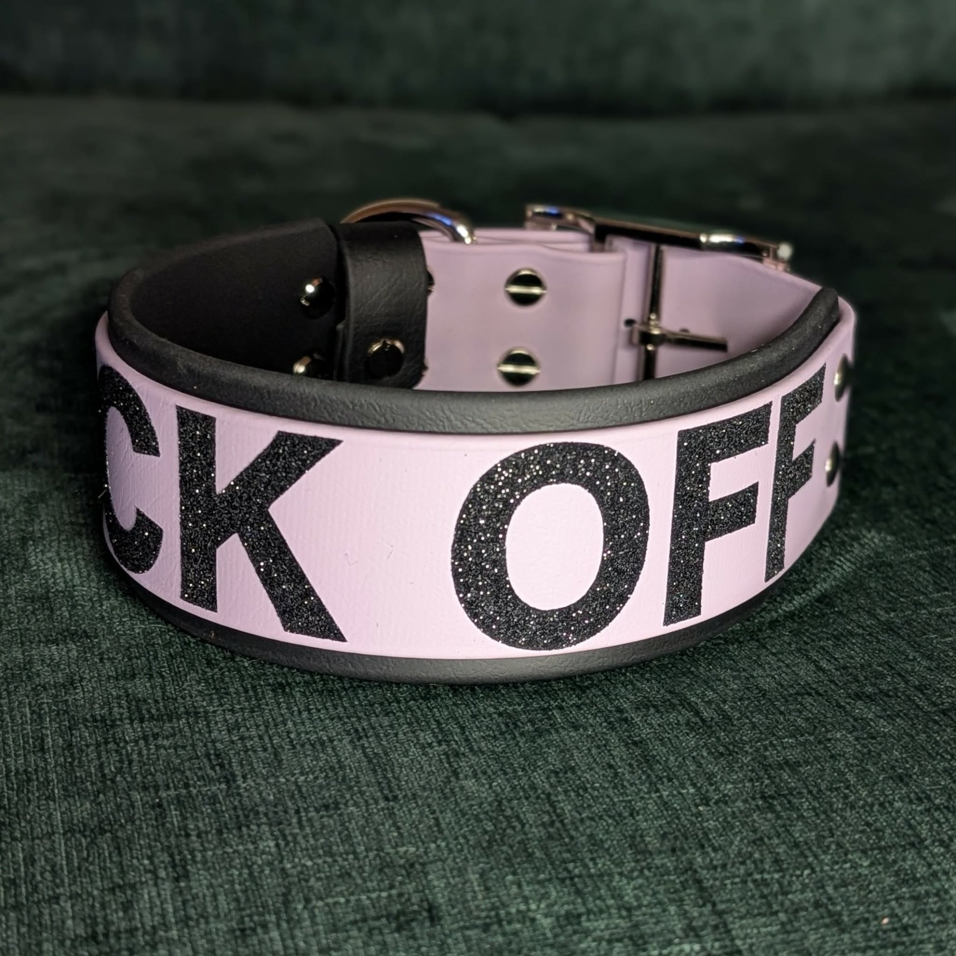 2 inch wide black and lavender layered biothane fuck off collar