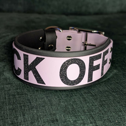 2 inch wide black and lavender layered biothane fuck off collar