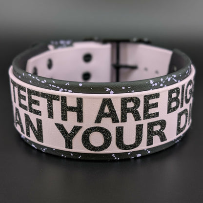 2 inch wide black and lavender layered biothane my teeth are bigger than your dick collar with splatter paint