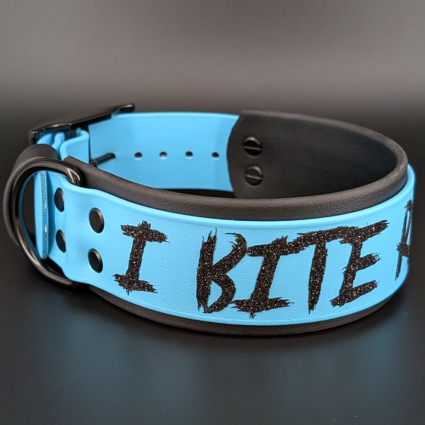2 inch wide black and light blue biothane I bite racists dog collar
