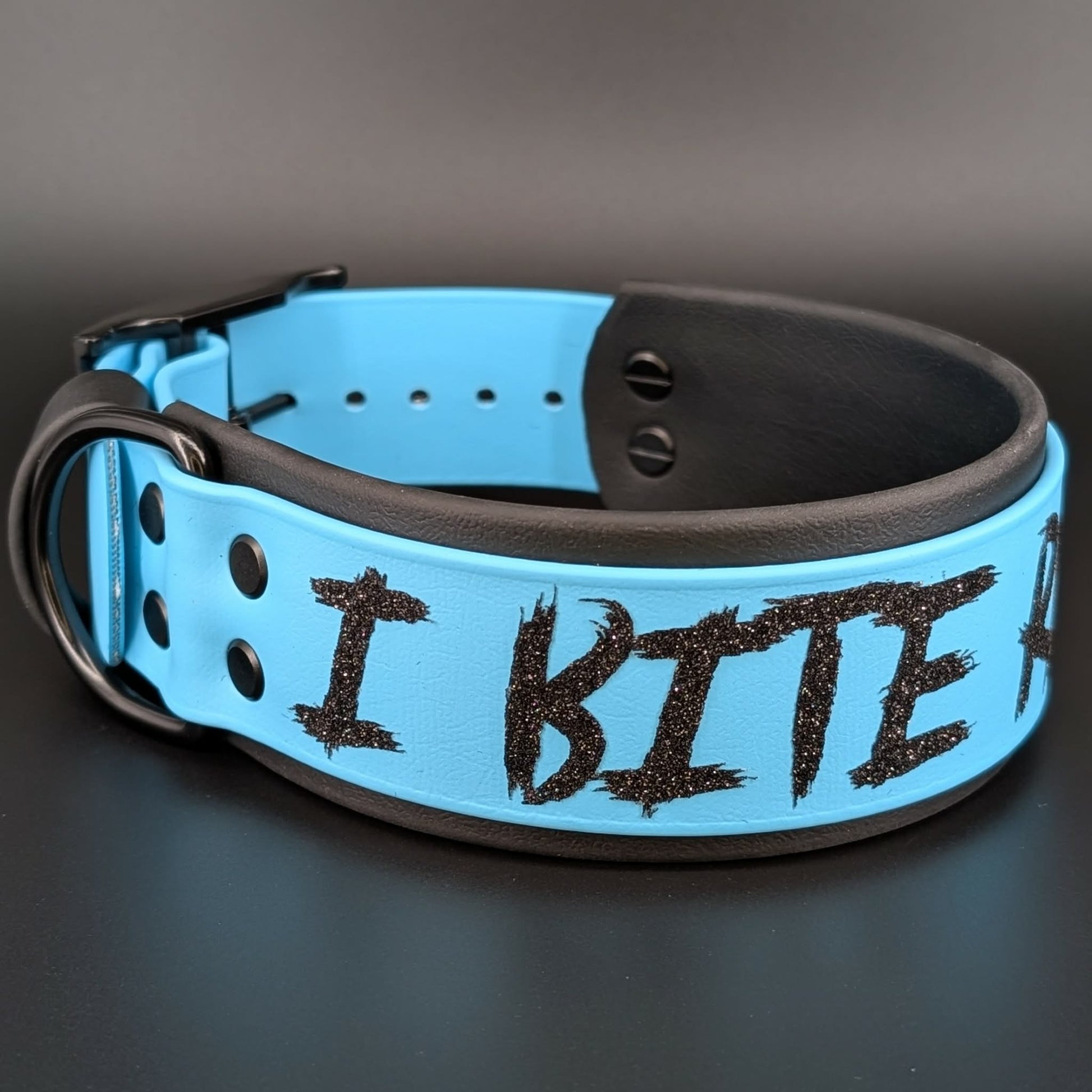 2 inch wide black and light blue biothane I bite racists dog collar