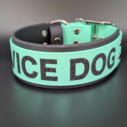 2 inch wide black and mint green layered biothane dog collar with custom service dog text