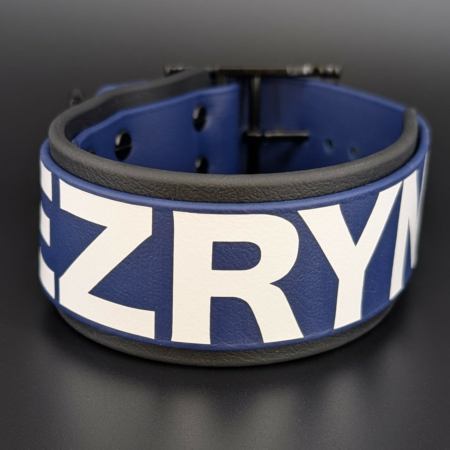 2 inch wide black and navy blue biothane dog collar