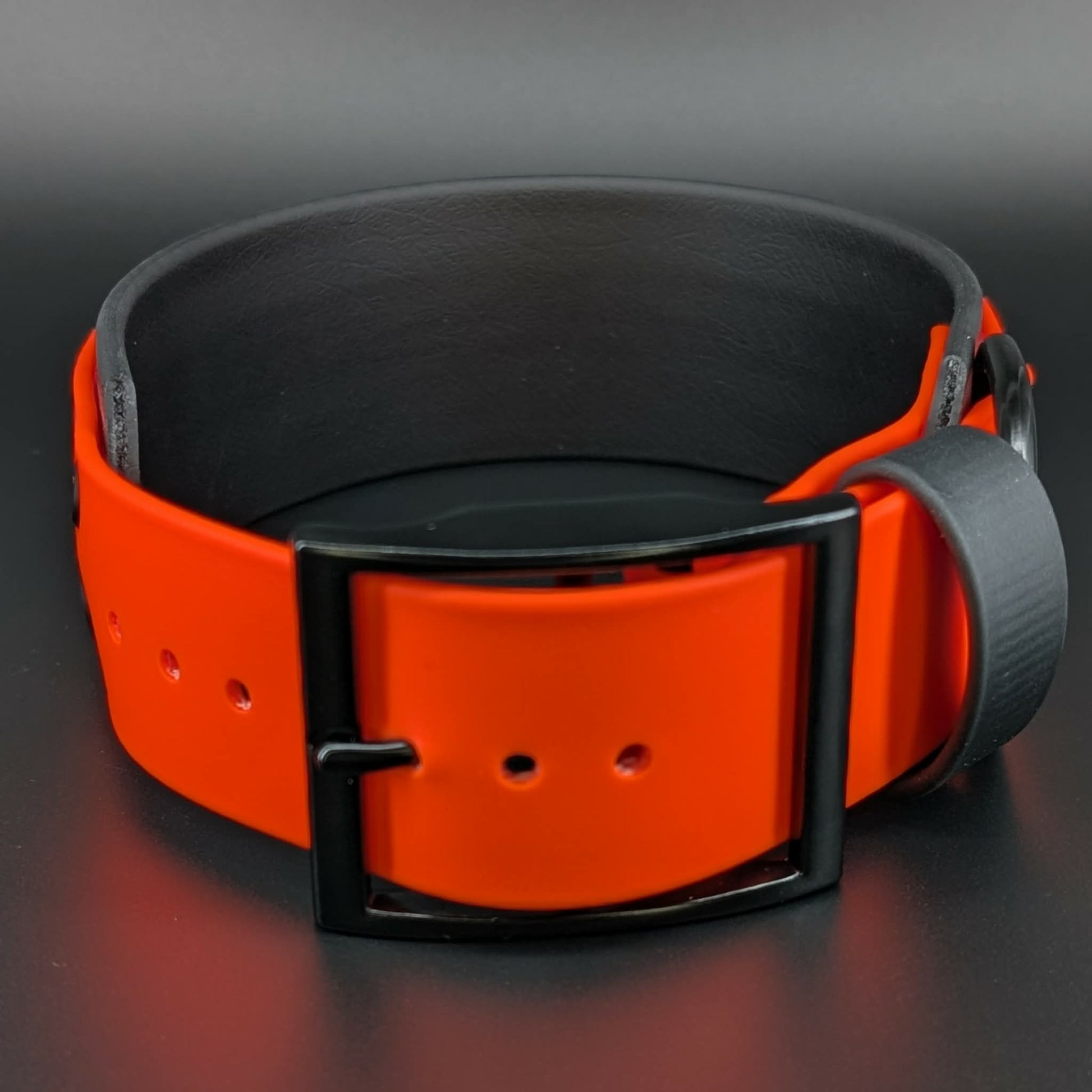 2 inch wide black and orange biothane dog collar