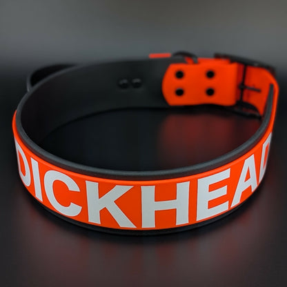 2 inch wide black and orange layered biothane collar with handle and custom text