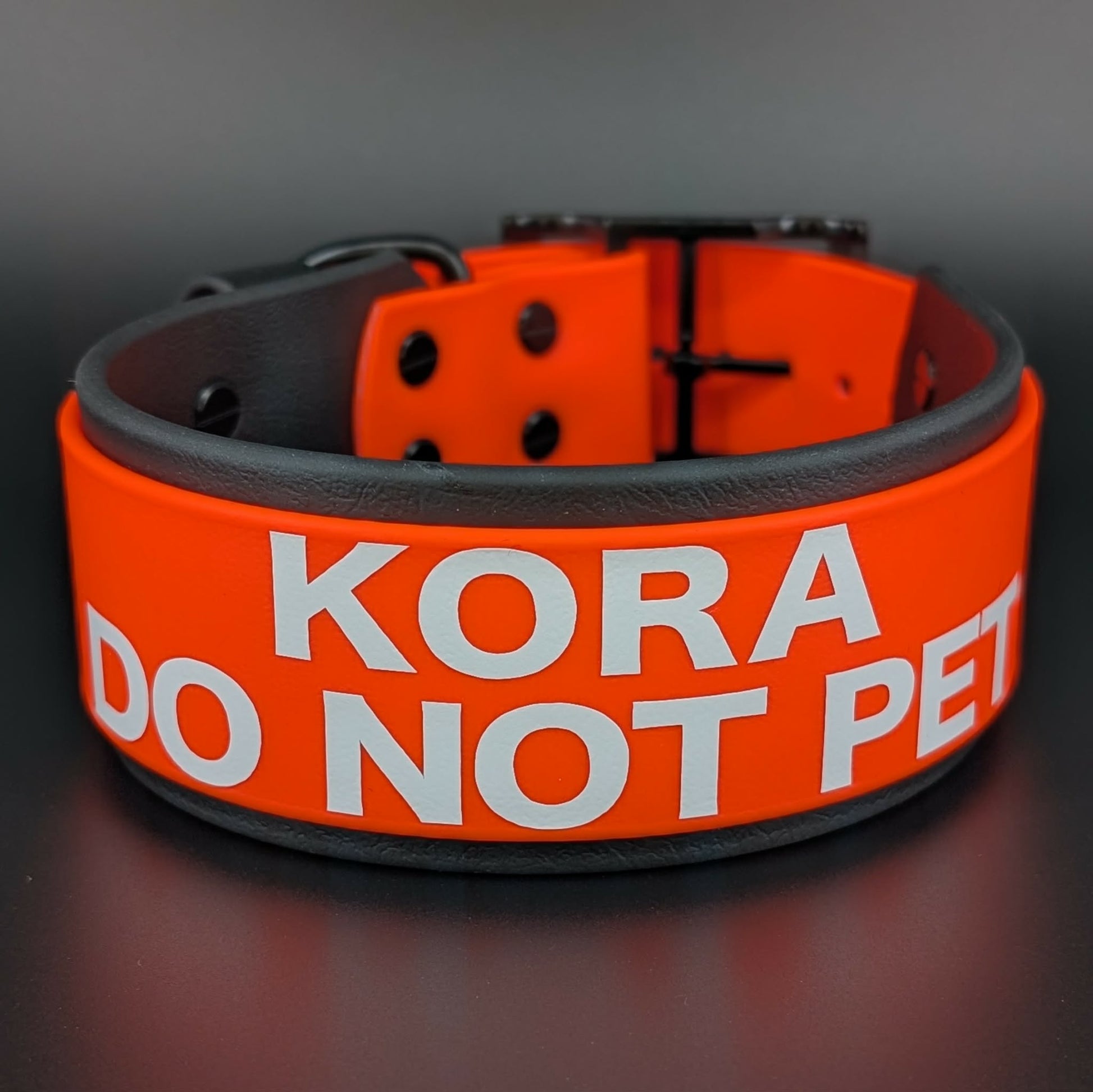 2 inch wide black and orange layered biothane do not pet collar