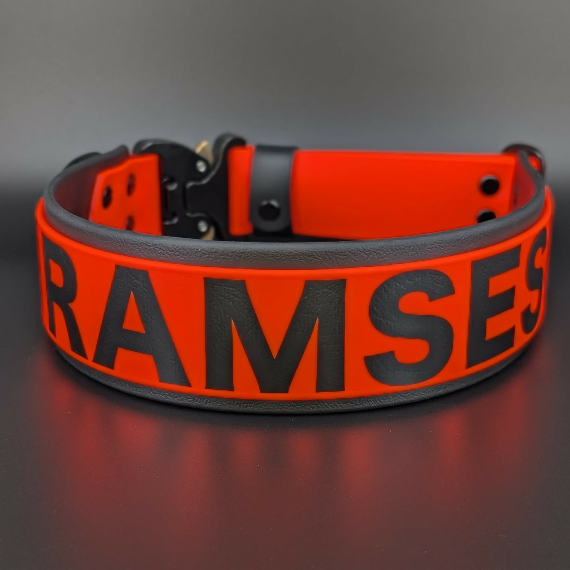 2 inch wide black and orange layered biothane dog collar with quick release cobra buckle