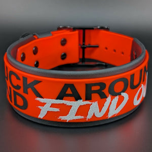 2 inch wide black and orange layered biothane fuck around and find out dog collar