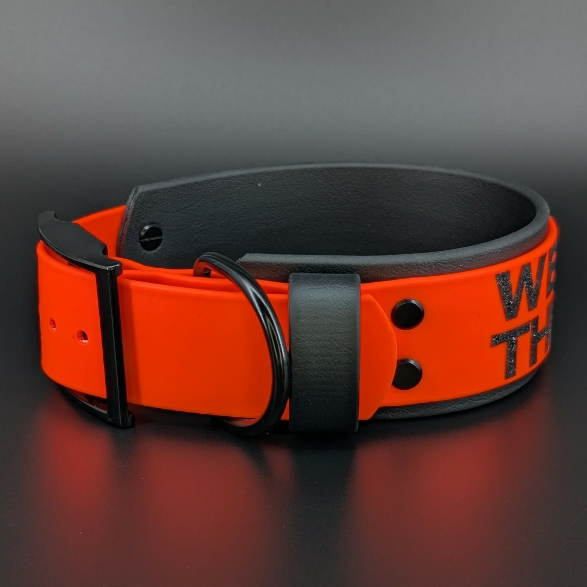 2 inch wide black and orange layered biothane glitter welcome to the shitshow dog collar