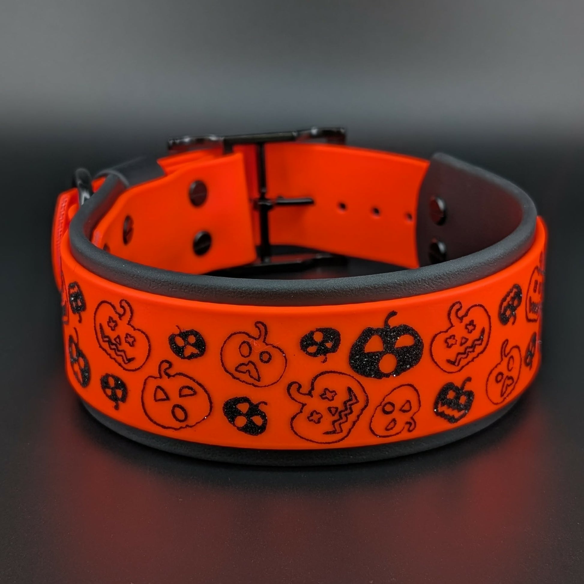 2 inch wide black and orange layered biothane halloween pumpkin dog collar