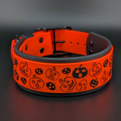 2 inch wide black and orange layered biothane halloween pumpkin dog collar