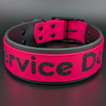 2 inch wide black and pink layered biothane collar with service dog glitter text