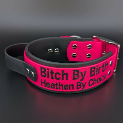 2 inch wide black and pink layered biothane dog collar with tactical handle