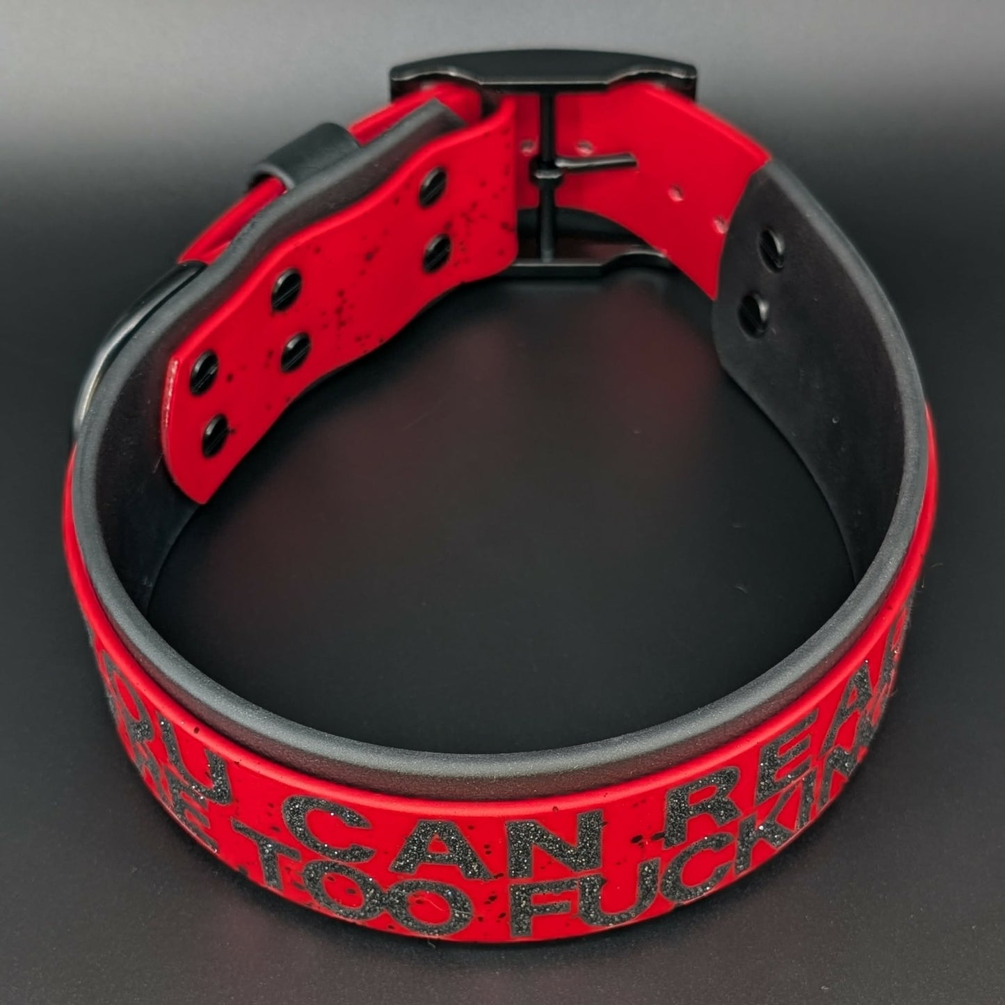 2 inch wide black and red biothane dog collar splatter paint
