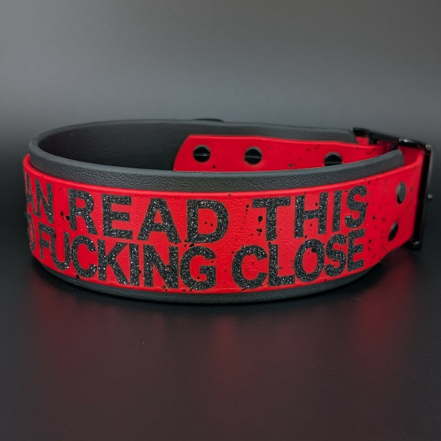 2 inch wide black and red biothane if you can read this youre too fucking close dog collar with splatter paint